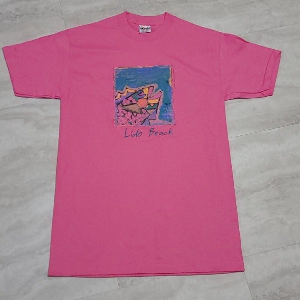 Vintage Lido Beach Fish Graphic Pink Signal Mega-Tee T-Shirt Medium